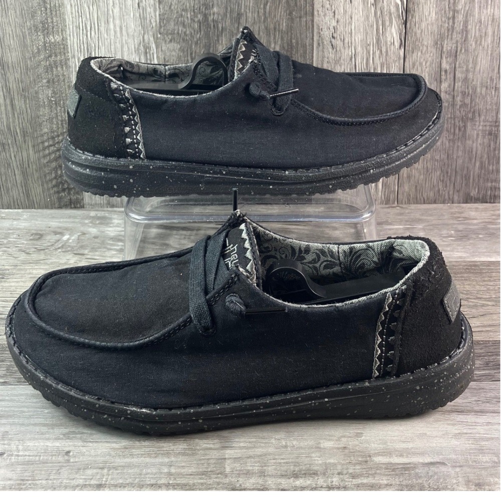 Hey Dude Wendy Inca Dark Dagger Black Canvas Loafers Shoes Womens 6 121417121